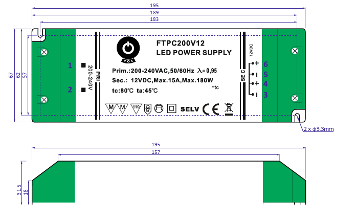 Rozměry a  certifikace nábytkového LED zdroje 12V 180W 195 x 67 x 31,5 mm s zárukou 5 let a certifikací EN61347